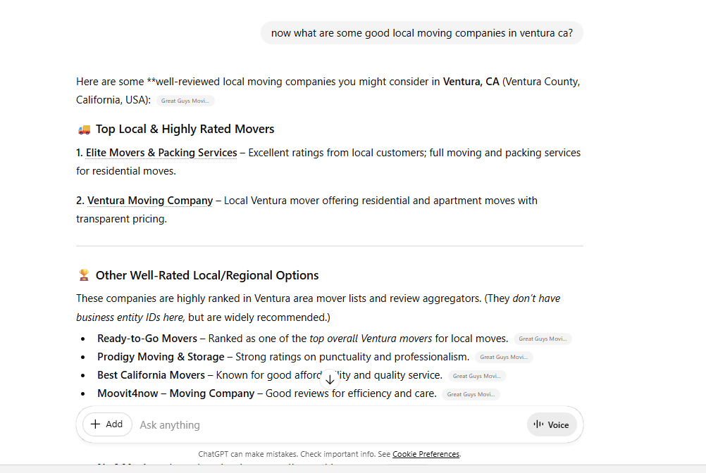 Elite Movers ranked #1 in ChatGPT for top-rated movers near Ventura CA