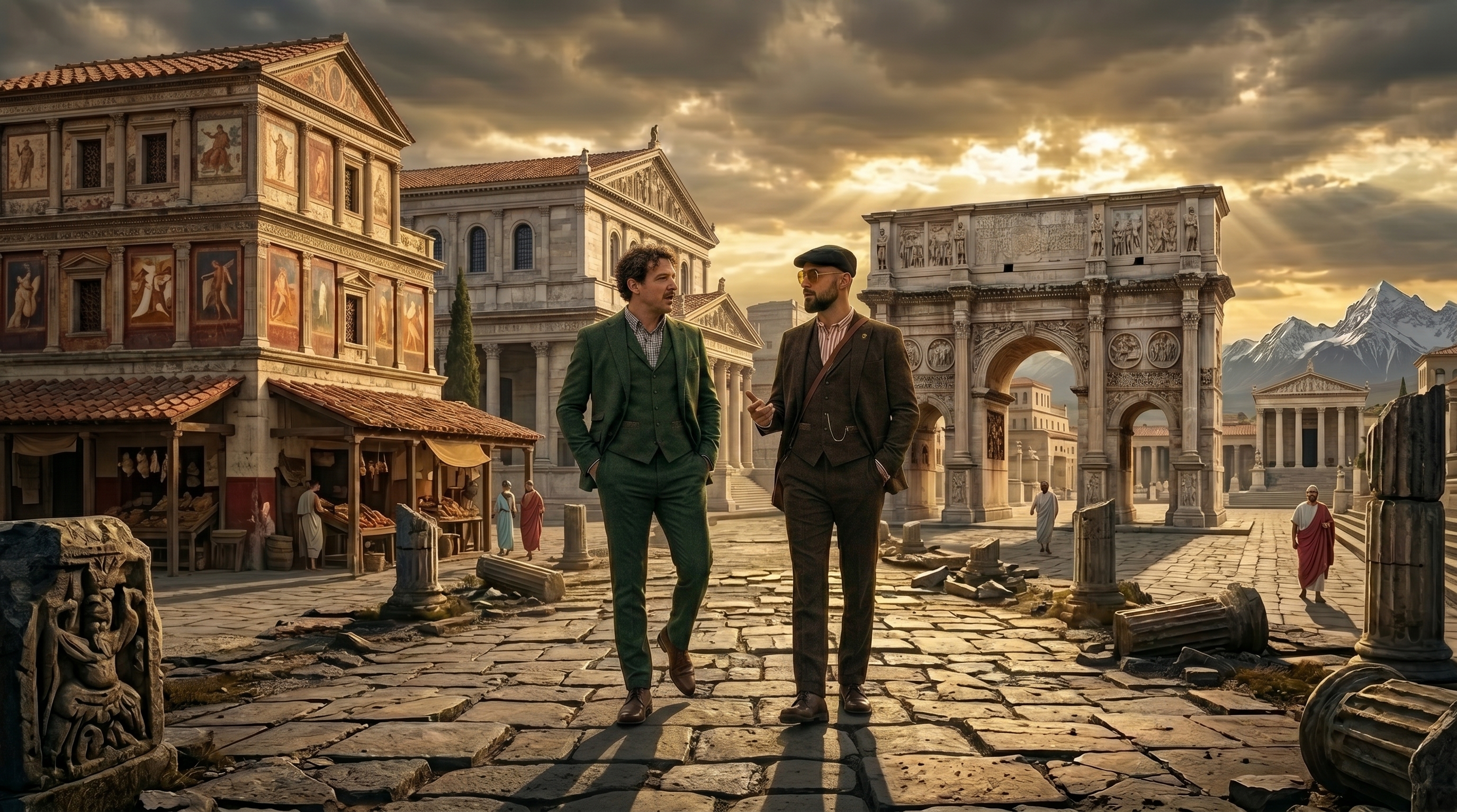 Donal and Tomas walking past classical ruins in suits - Online Optimisers brand image
