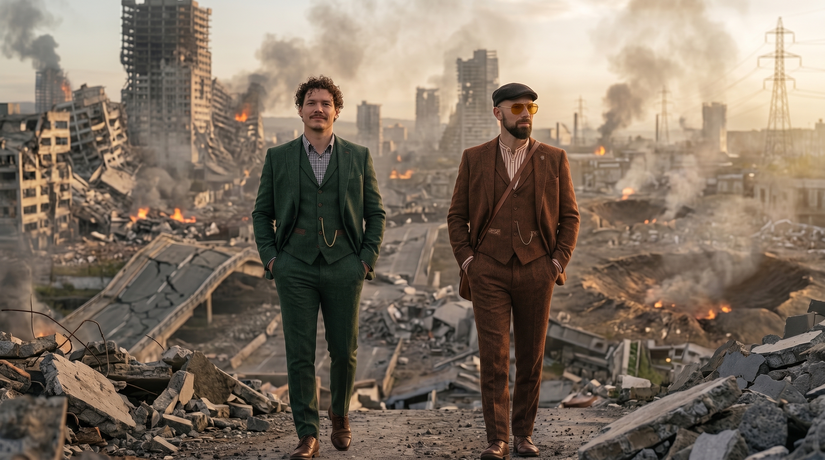 Donal and Tomas of Online Optimisers walking through a ruined skyline, unbothered - brand imagery