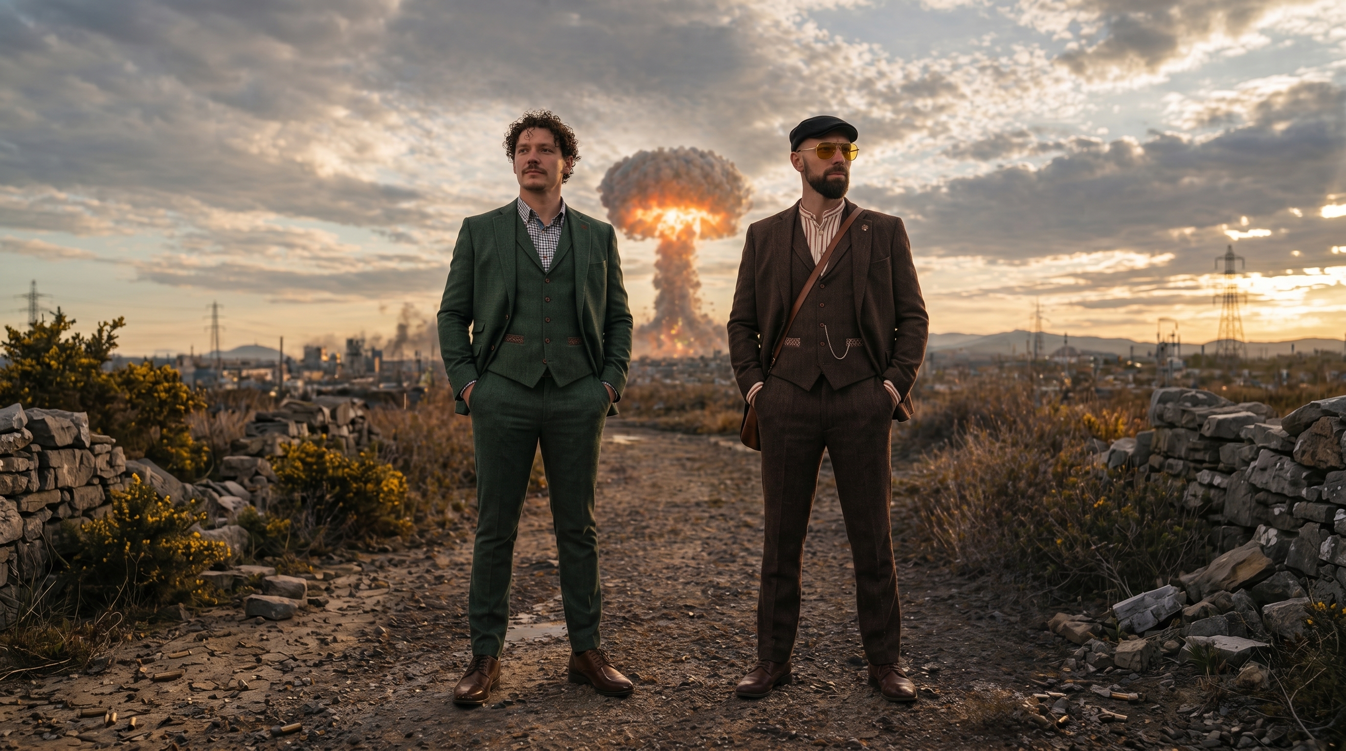 Donal and Tomas in suits, walking through a city skyline with a mushroom cloud in the distance - Online Optimisers brand imagery
