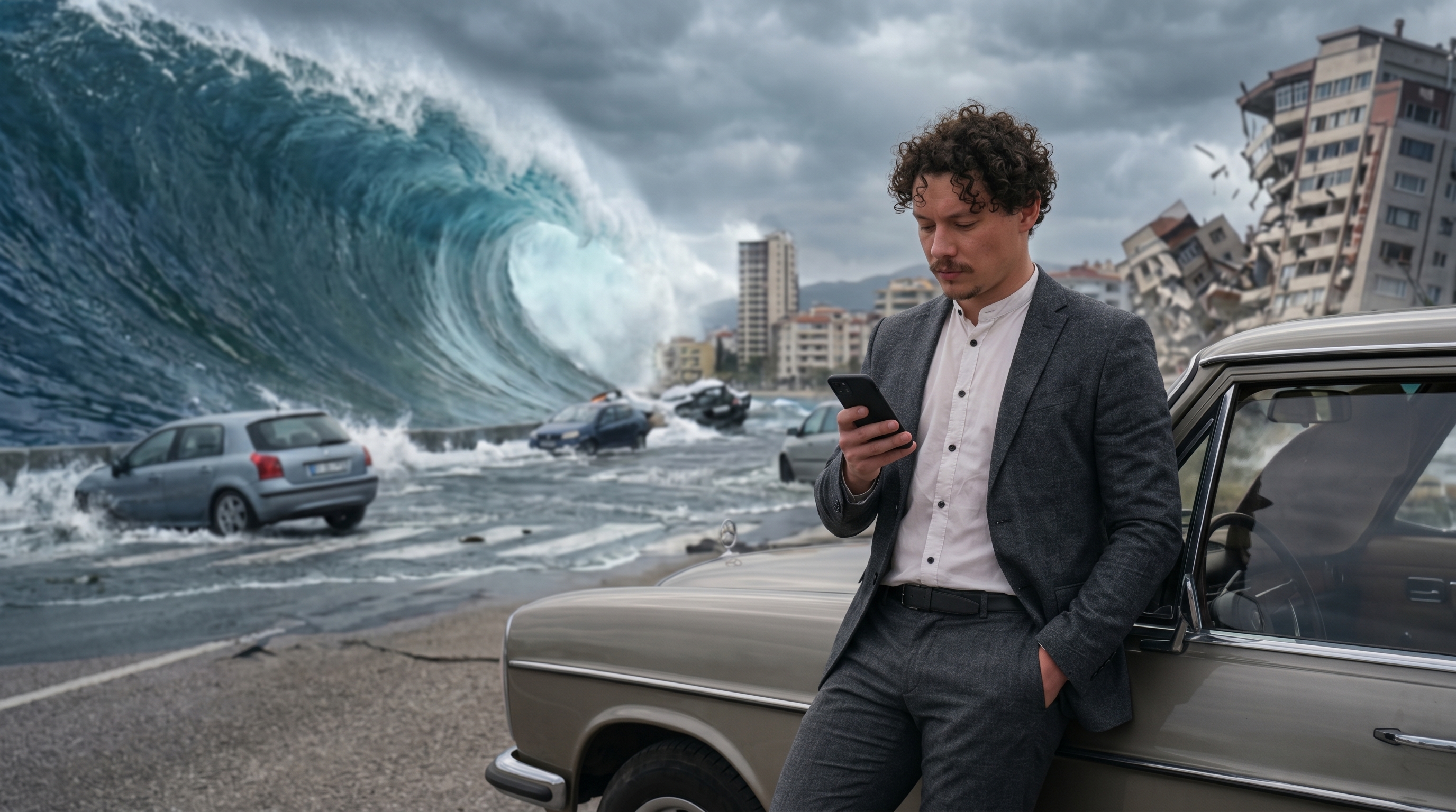 Tomas, head of sales at Online Optimisers, calmly on his phone as a wave breaks behind him